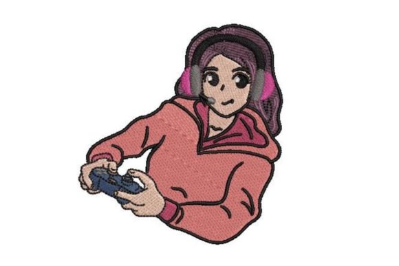 Animestyle Girl Gaming: A Charming Embroidery Design